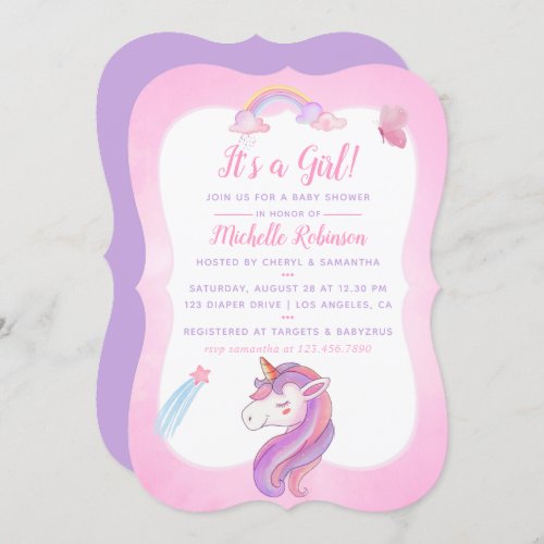 Cute Watercolor Rainbow Unicorn Baby Girl Shower Invitation