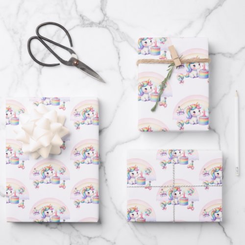 Cute Watercolor Rainbow Unicorn Girl 1st Birthday  Wrapping Paper Sheets