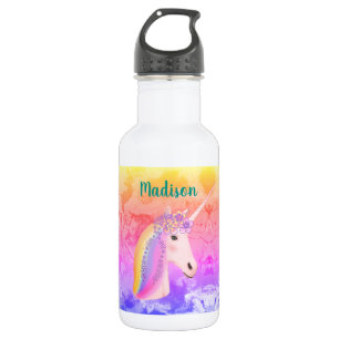 Cute Watercolor Rainbow Unicorn Girls Personalized Stainless Steel Water Bottle
