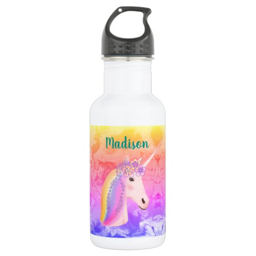 Cute Watercolor Rainbow Unicorn Girls Personalized Stainless Steel Water Bottle