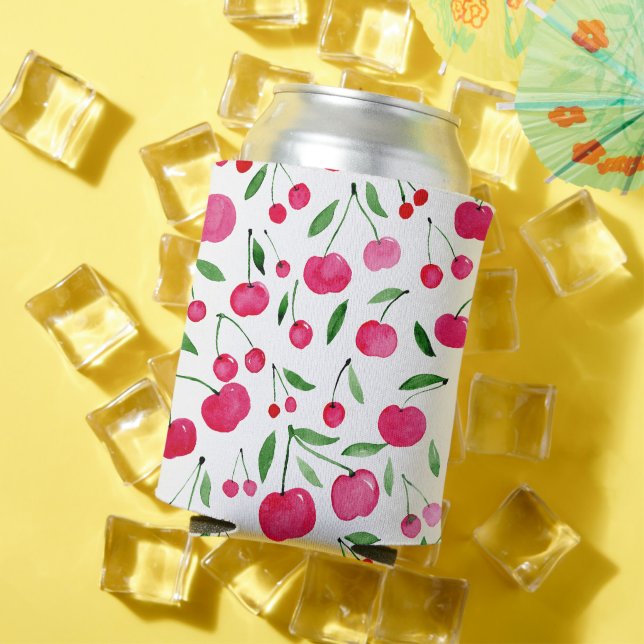 Cute watercolor red cherries pattern can cooler (In Situ Summer)