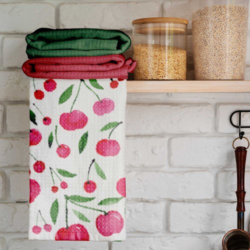 Cute watercolor red cherries pattern kitchen towel