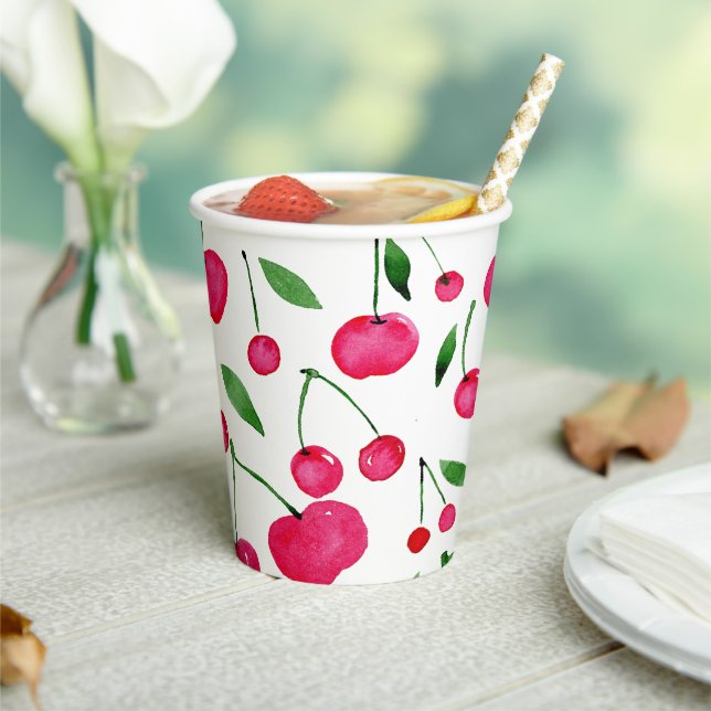 Cute watercolor red cherries pattern paper cups (Insitu)