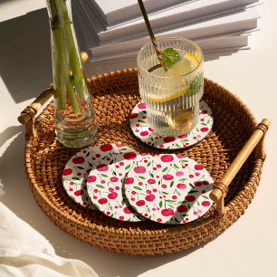Cute watercolor red cherries pattern round paper coaster