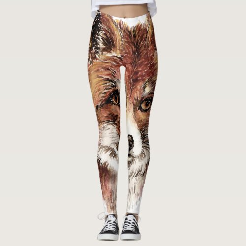 Cute Watercolor Red Fox Animal Head Pattern Leggings