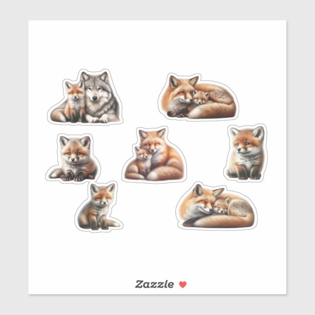 Cute Watercolor Red Fox Mother and Cub Sticker She (Sheet)