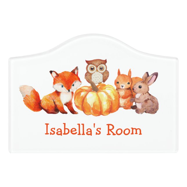 Cute Watercolor Red Fox Squirrel Bunny Owl Pumpkin Door Sign (Small Crest Front)