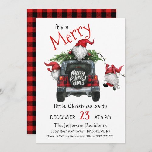 Cute Watercolor Red Gnomes Little Christmas Party Invitation