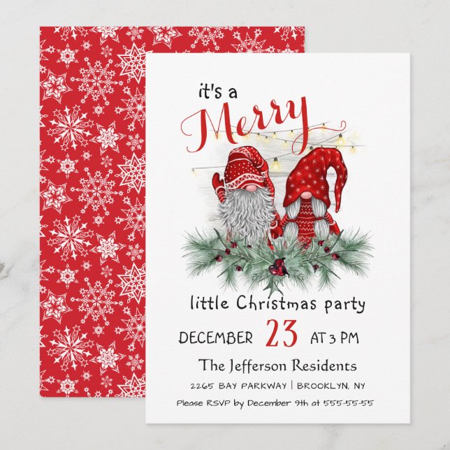 Cute Watercolor Red Gnomes Little Christmas Party Invitation (Front/Back)