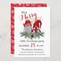 Cute Watercolor Red Gnomes Little Christmas Party Invitation