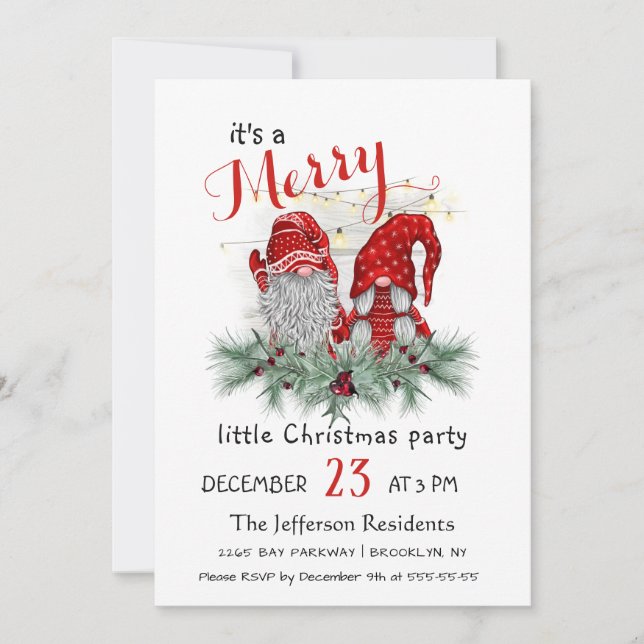Cute Watercolor Red Gnomes Little Christmas Party Invitation (Front)