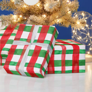 Cute Watercolor Red Green Holiday Plaid Christmas Wrapping Paper