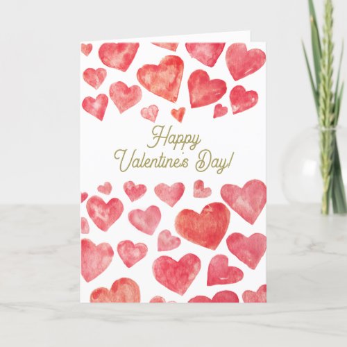 Cute Watercolor Red Hearts Happy Valentines Day Holiday Card