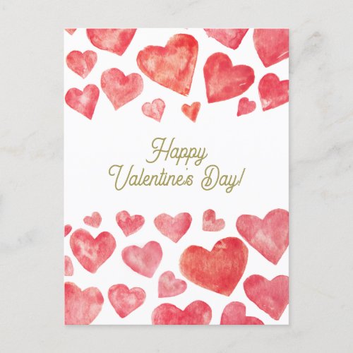 Cute Watercolor Red Hearts Happy Valentines Day  Holiday Postcard