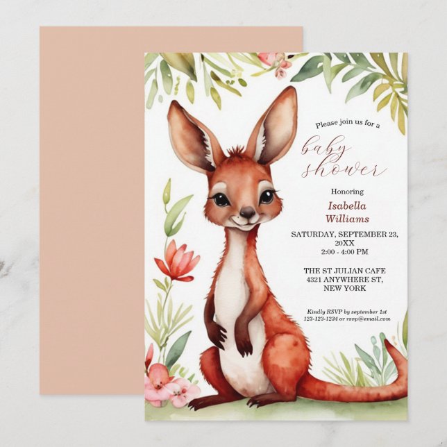 Cute Watercolor Red Kangaroo Baby Shower Invitation (Front/Back)