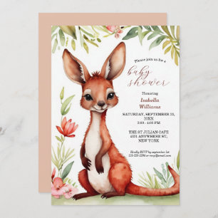 Cute Watercolor Red Kangaroo Baby Shower Invitation