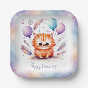 Cute Watercolor Red Kitten Balloons Birthday Paper Plates