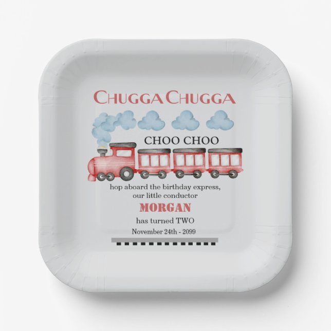 Cute Watercolor Red Train 2nd Birthday Paper Plates (Front)