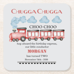 Cute Watercolor Red Train 2nd Birthday Square Paper Coaster