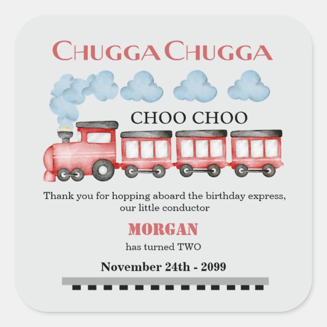 Cute Watercolor Red Train 2nd Birthday Square Sticker (Front)