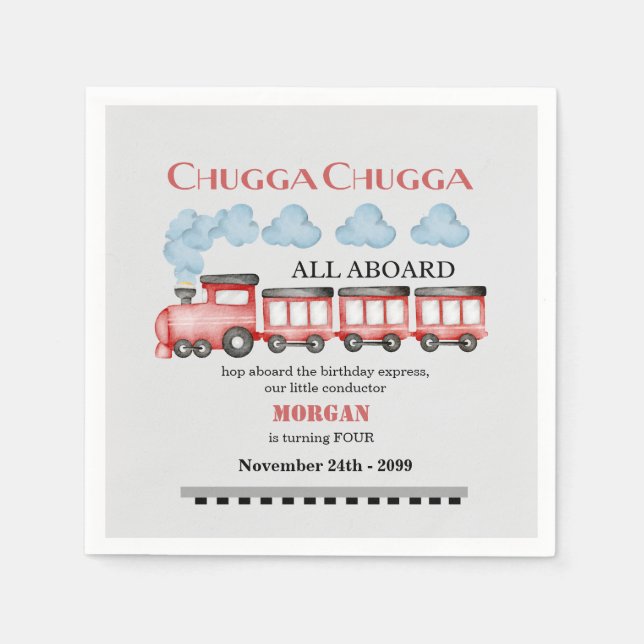 Cute Watercolor Red Train Any Age Birthday Napkins (Front)