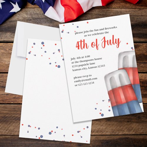 Cute Watercolor Red White Blue 4th of July Invitation