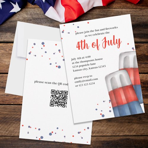 Cute Watercolor Red White Blue 4th of July Invitation