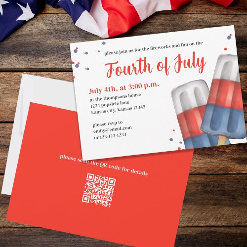 Cute Watercolor Red White Blue 4th of July QR Code Invitation