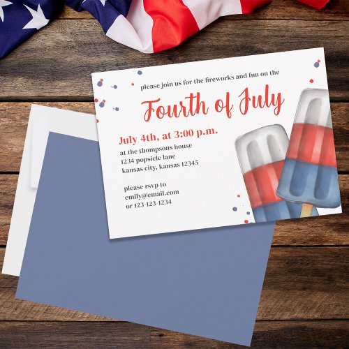 Cute Watercolor Red White Blue Fourth of July Invitation