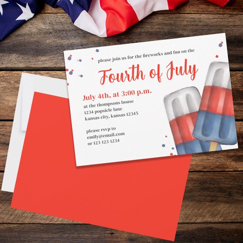 Cute Watercolor Red White Blue Fourth of July Invitation