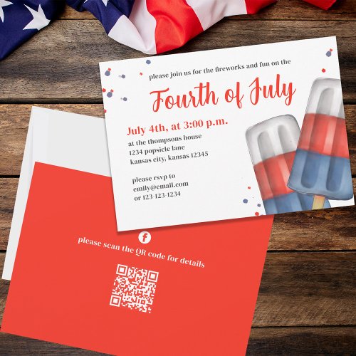 Cute Watercolor Red White Blue Popsicle QR Code Invitation