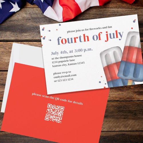 Cute Watercolor Red White Blue Popsicle QR Code Invitation