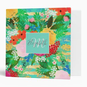 Cute Watercolor Red & Yellow Floral Biscay Green 3 Ring Binder
