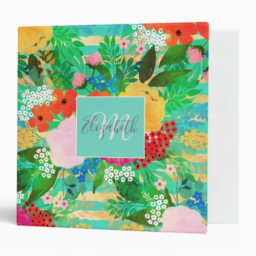 Cute Watercolor Red  Yellow Floral Biscay Green 3 Ring Binder