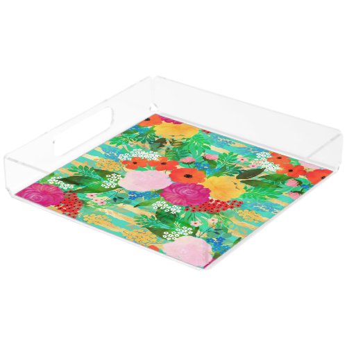 Cute Watercolor Red  Yellow Floral Biscay Green Acrylic Tray