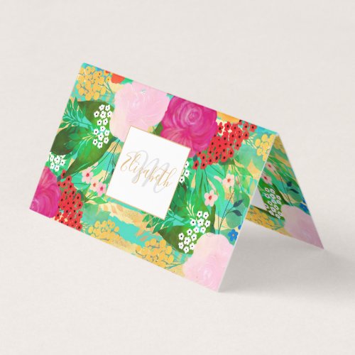Cute Watercolor Red  Yellow Floral Biscay Green Business Card