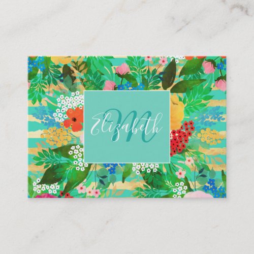 Cute Watercolor Red  Yellow Floral Biscay Green Business Card