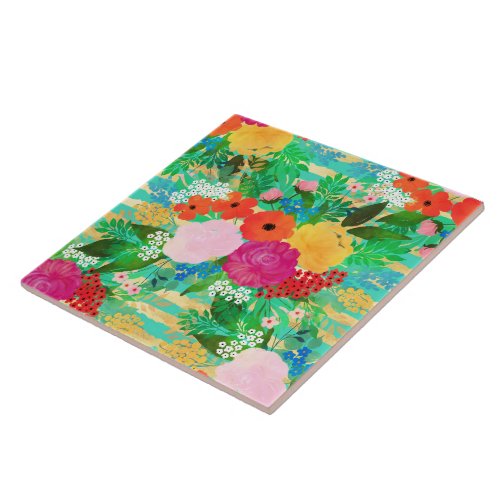Cute Watercolor Red  Yellow Floral Biscay Green Ceramic Tile