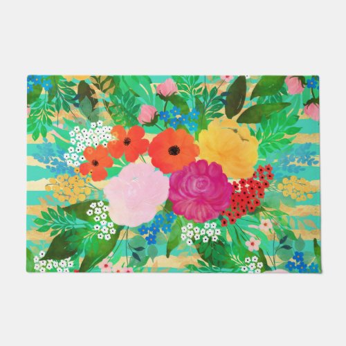 Cute Watercolor Red  Yellow Floral Biscay Green Doormat