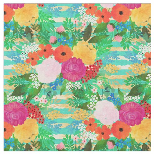 Cute Watercolor Red  Yellow Floral Biscay Green Fabric