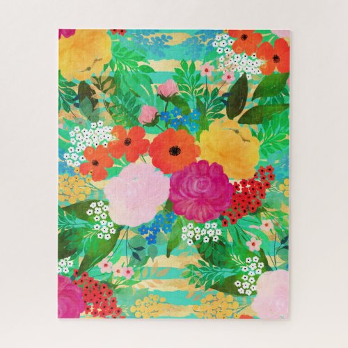 Cute Watercolor Red  Yellow Floral Biscay Green Jigsaw Puzzle