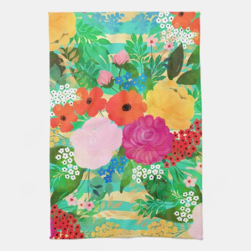 Cute Watercolor Red  Yellow Floral Biscay Green Kitchen Towel