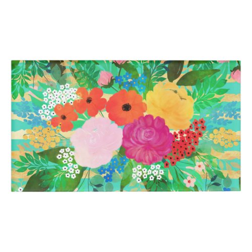 Cute Watercolor Red  Yellow Floral Biscay Green Name Tag