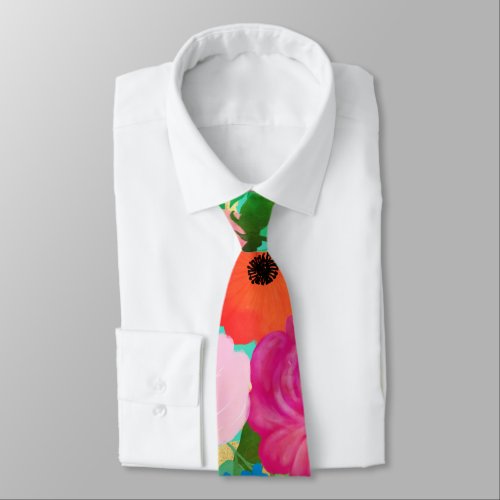 Cute Watercolor Red  Yellow Floral Biscay Green Neck Tie