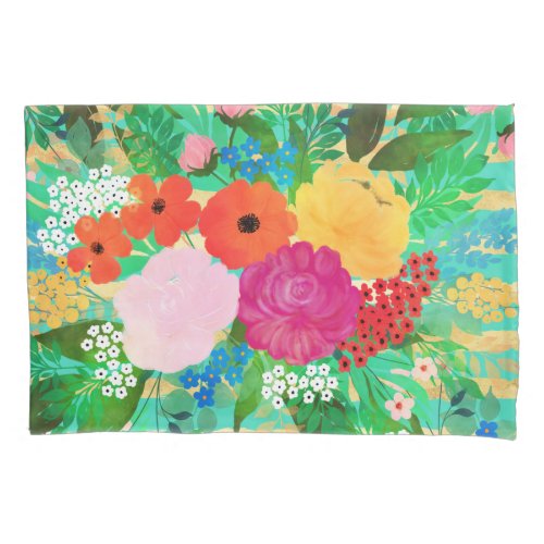 Cute Watercolor Red  Yellow Floral Biscay Green Pillow Case
