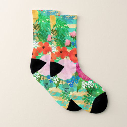 Cute Watercolor Red  Yellow Floral Biscay Green Socks