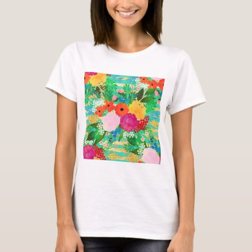 Cute Watercolor Red  Yellow Floral Biscay Green T_Shirt