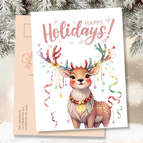 Cute Watercolor Reindeer and Christmas Lights Postcard