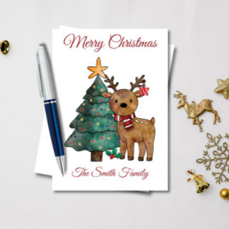 Cute Watercolor Reindeer Christmas Card