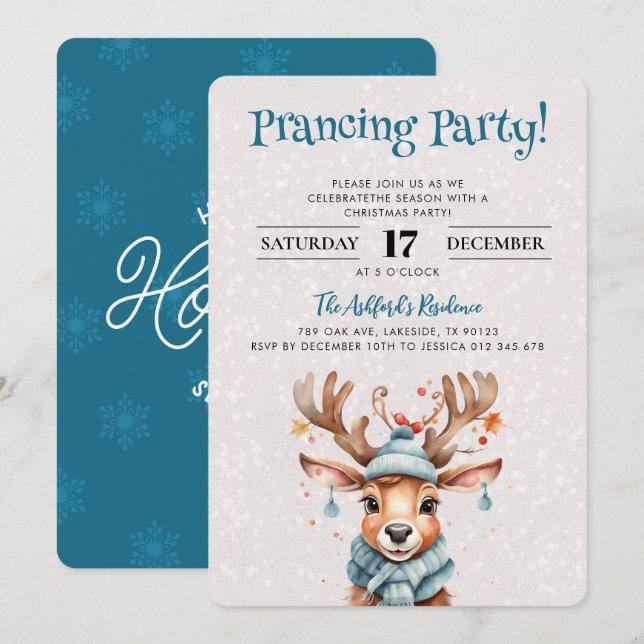 Cute Watercolor Reindeer Christmas Holiday Party Invitation (Front/Back)